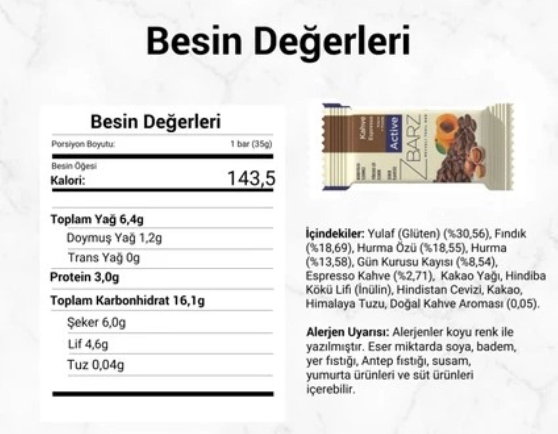 Zbarz Active Yulaflı Bar| Espresso & Fındık Enerji Bar 12 Adet
