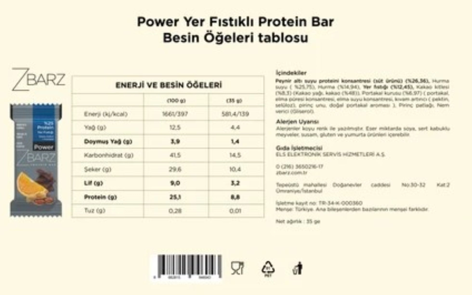 Zbarz Yüksek Protein Bar Yer Fıstığı & Portakal Kakao | 12 Adet